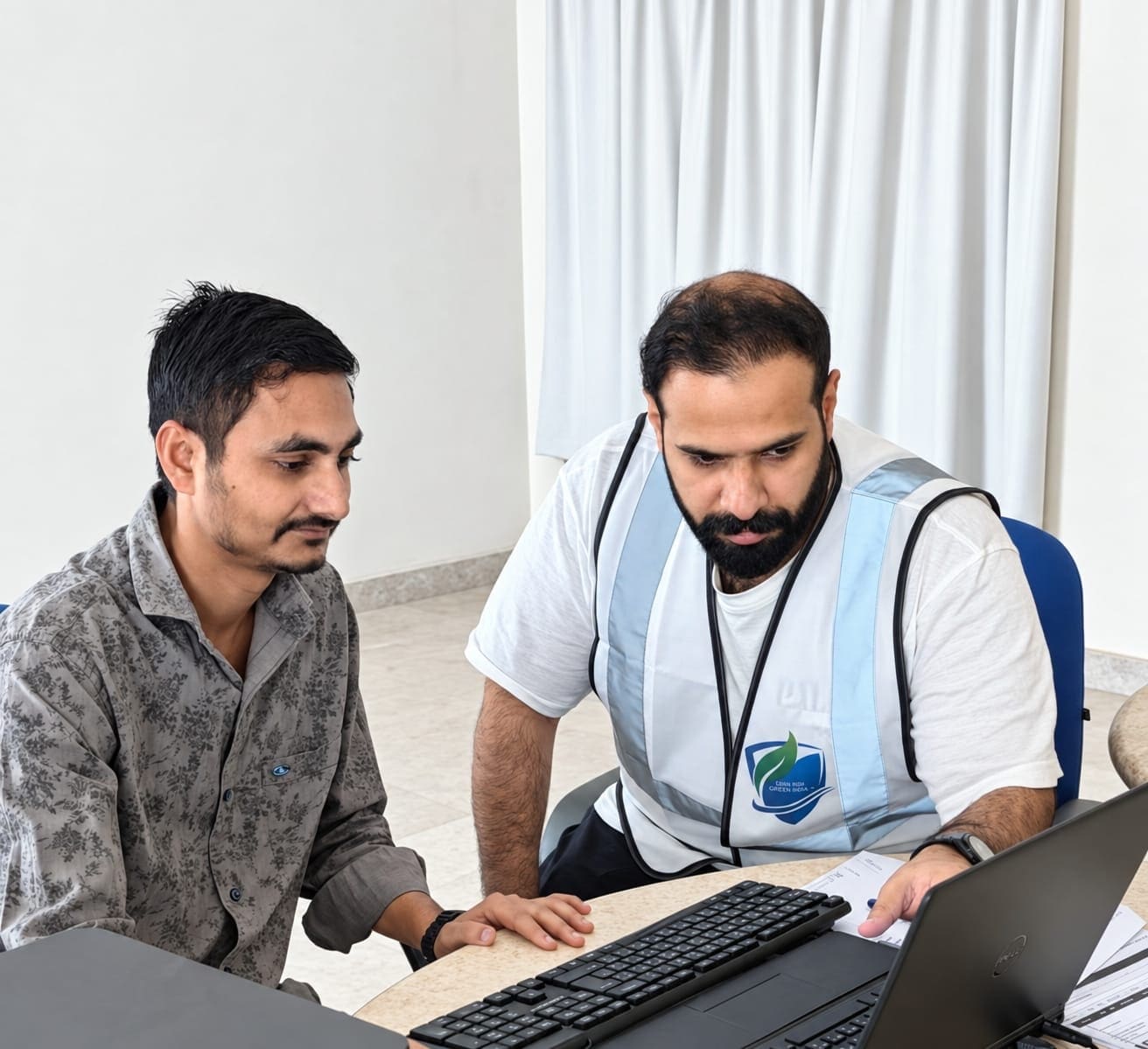 A KADI consultant in a high-visibility vest reviewing HSE documents on a laptop with an MBBT team member at a desk.