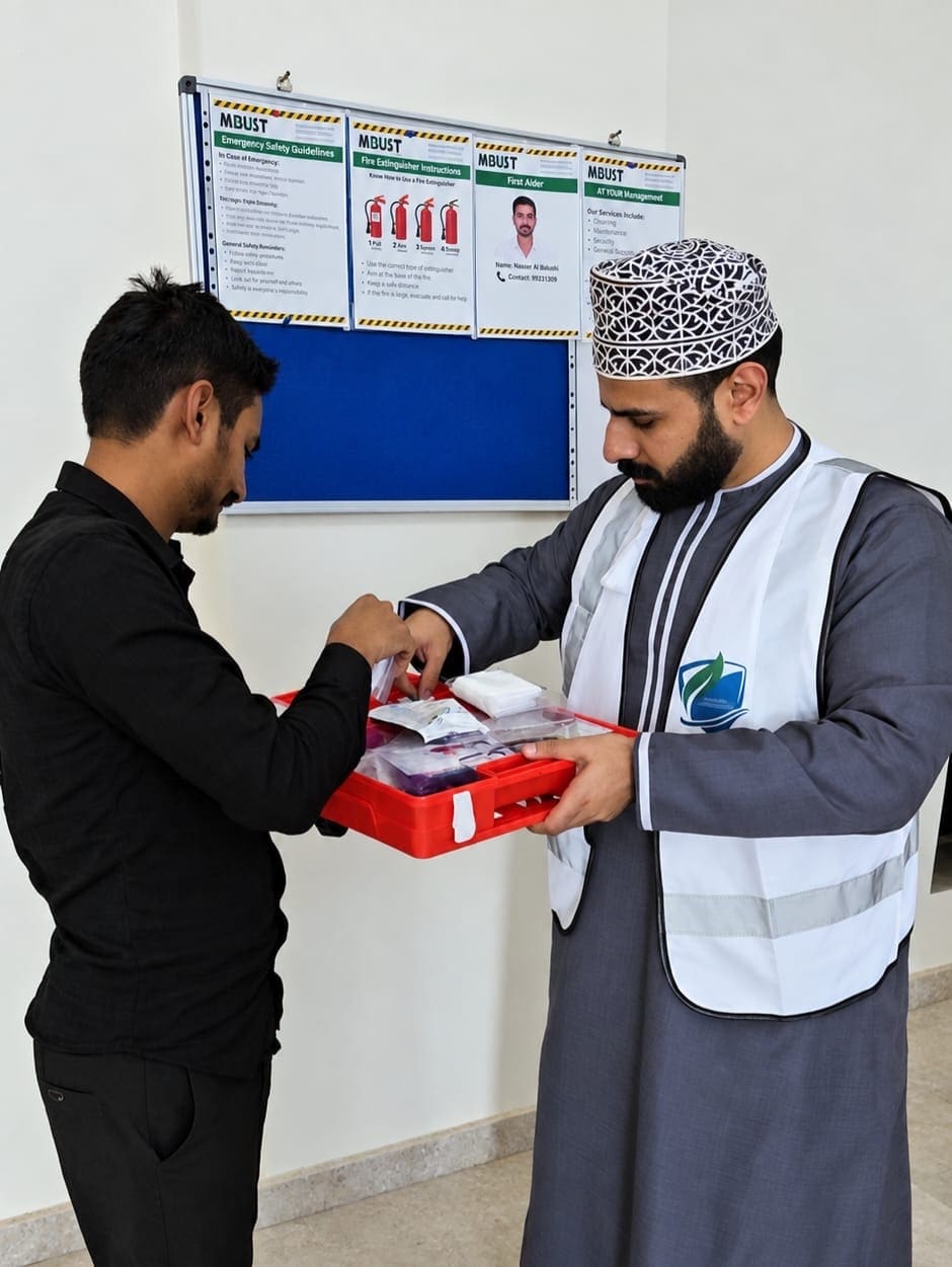 A KADI consultant in a high-visibility vest checking the contents of a first aid kit with an MBBT team member under the emergency guidelines board.