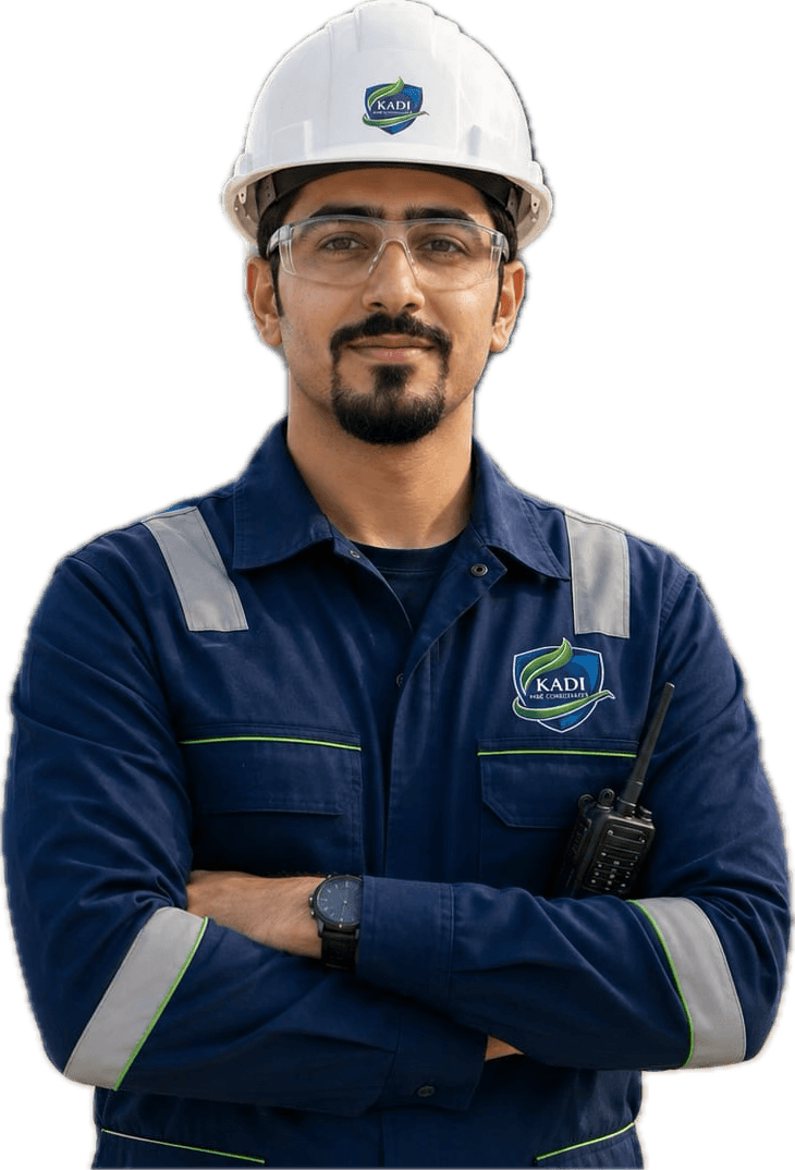 A KADI HSE consultant in site coveralls, arms crossed.