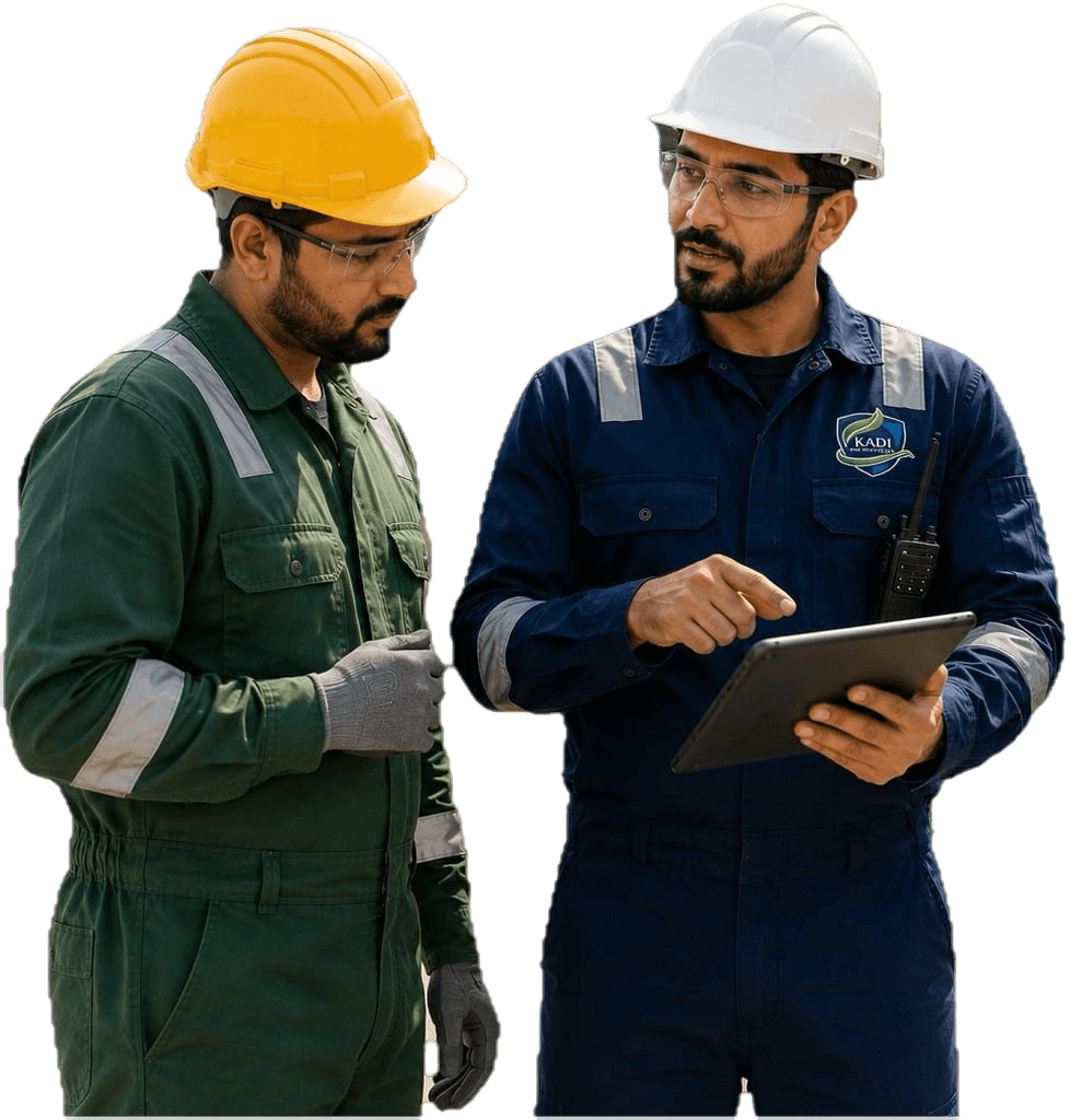 Two KADI inspectors reviewing findings on a tablet on site.