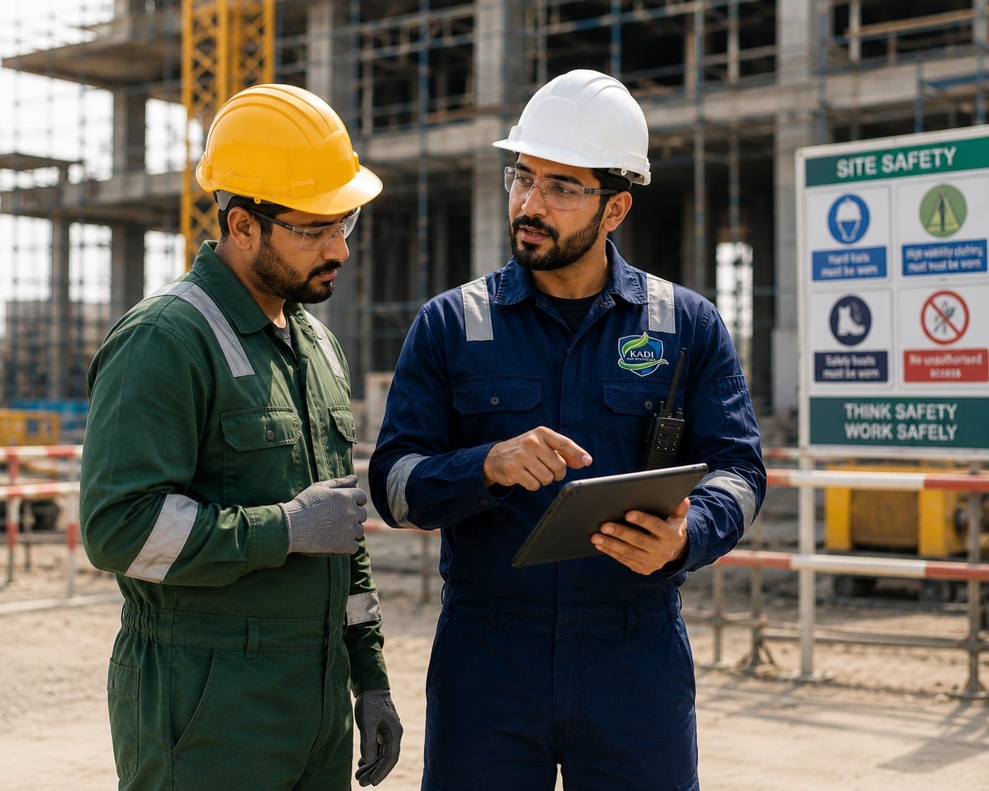 Two KADI workers reviewing an inspection on a tablet in front of a site safety board.